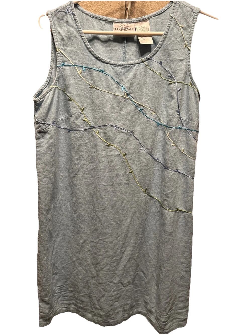 Vintage 90s Studio Ease Blue With Vines 55% Linen/45% Rayon Mini Dress Size 10
